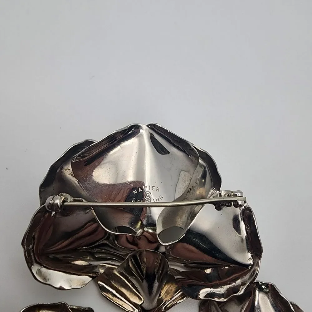 Vintage Napier Sterling Silver Flower Brooch & Clip-On Earrings Set